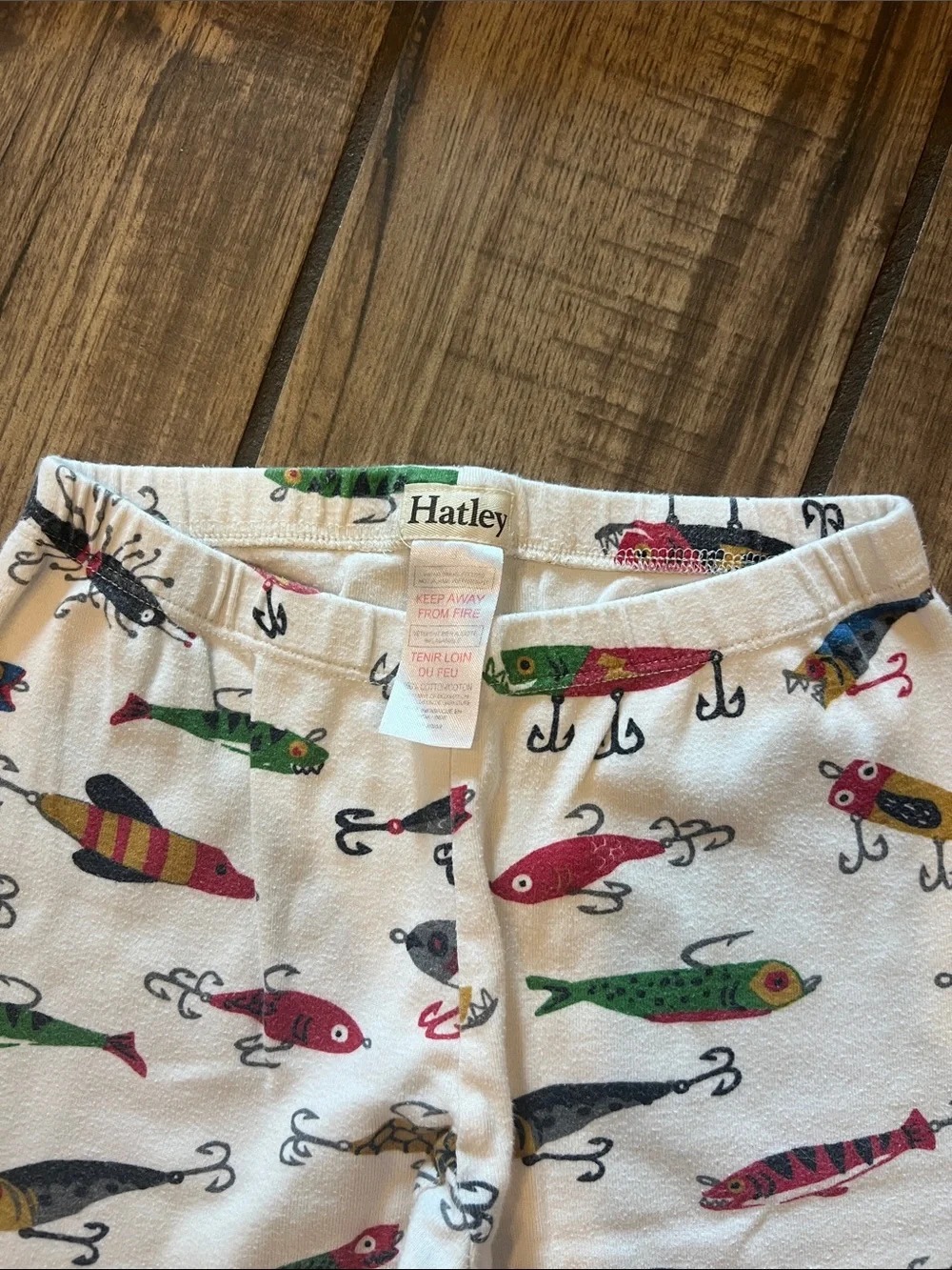 Hatley Kids White Pajama Set with Red Trim and Multicolor Fish Lure Print